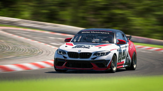 Red and white iRacing BMW M2 Racing car with Mo’Handsome livery on track, realistic lighting and motion blur, simulating real-world motorsport action.