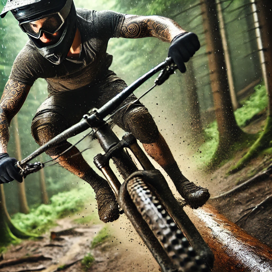 Mo’Handsome Tattoo Salve protects tattoos on extreme athletes – mountain biker powering through muddy trail