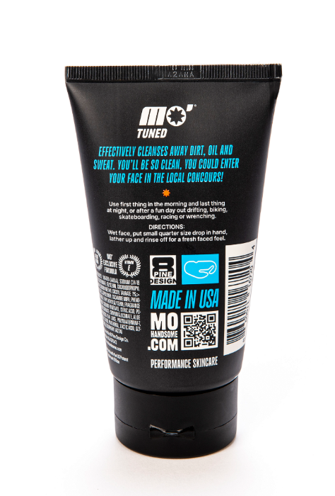 Mo’Handsome face wash in sleek black tube—back view showing full ingredient list and premium grooming details.