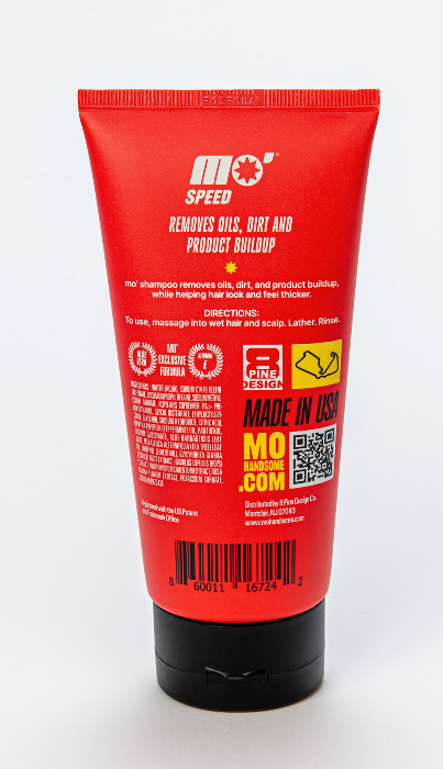 Back view of Mo’Handsome Ferrari red racing-inspired shampoo tube—ingredients clearly listed for high-performance hair care.