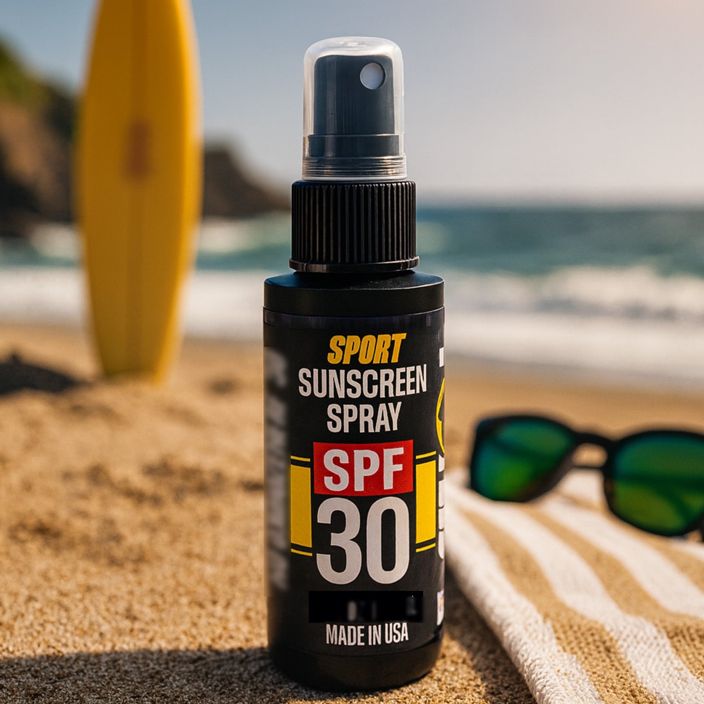 Surfing Mo’Handsome reef-safe sunscreen spray on beach