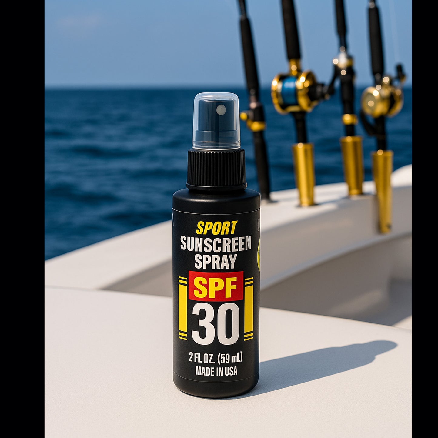 Sunscreen spray bottle with fishing rods in the background on a boat
