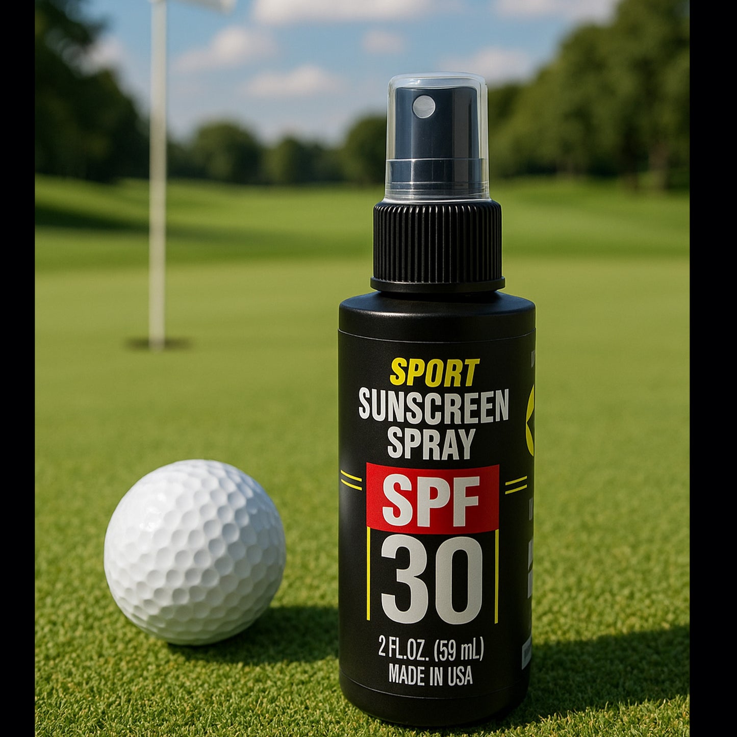 Sunscreen spray bottle with SPF 30 on a golf course