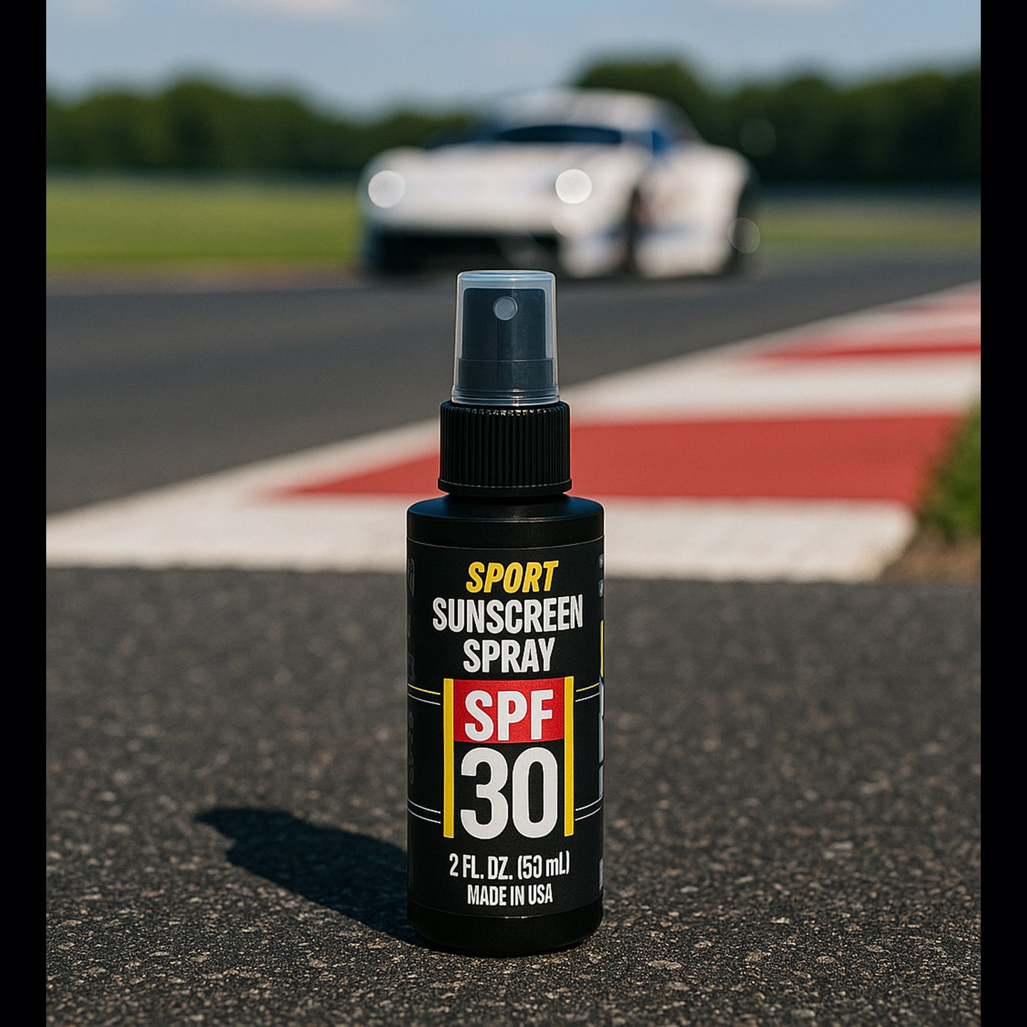 Sunscreen spray bottle with SPF 30 on a race track background