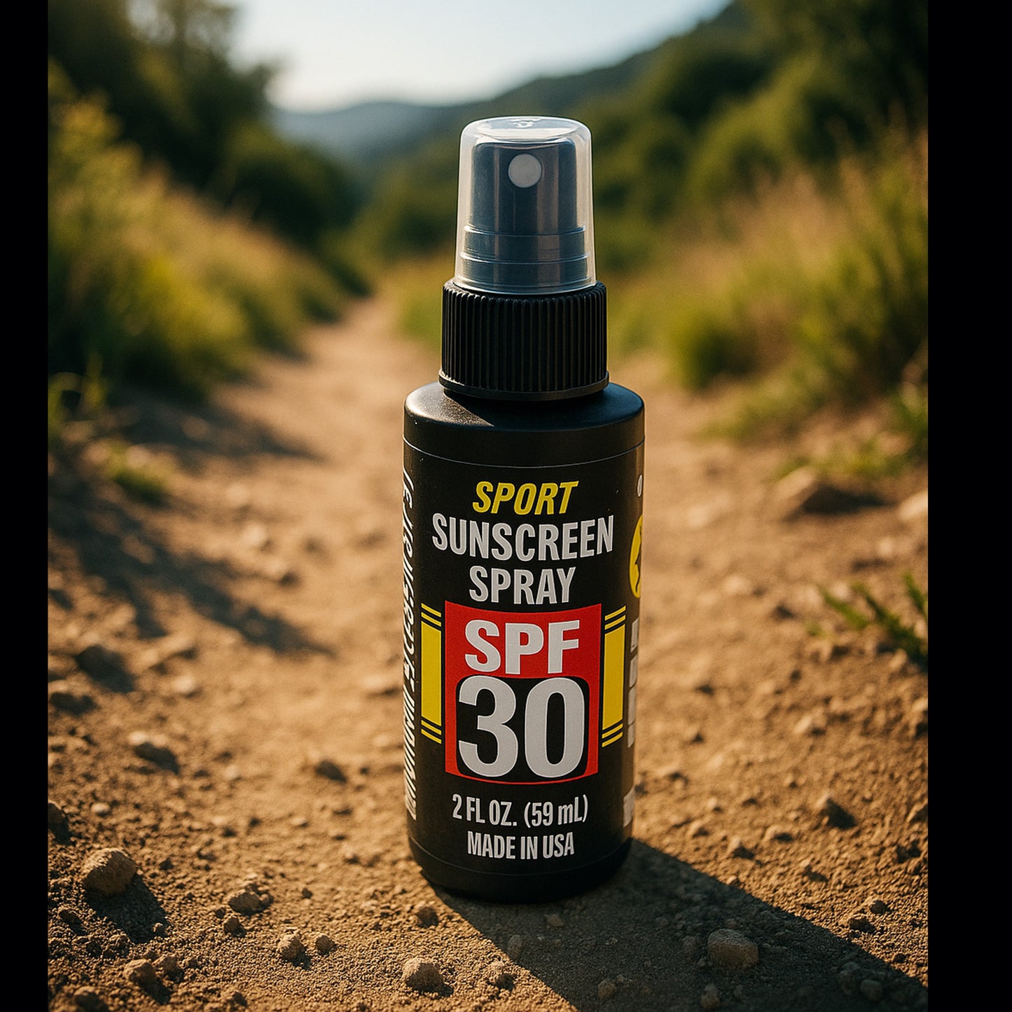 Sunscreen spray bottle with SPF 30 on a hiking trail with greenery in the background