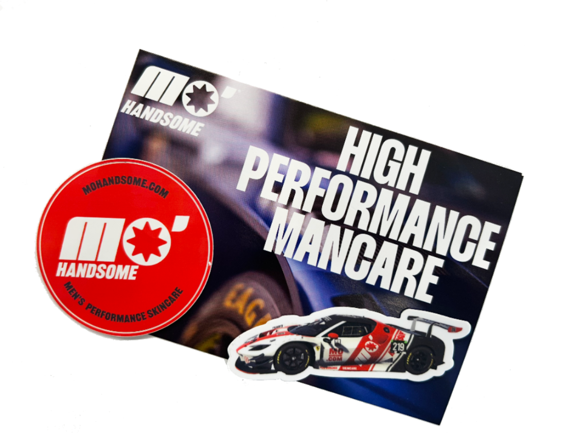 Custom postcard with racing theme and Mo’Handsome stickers—skincare brand inspired by motorsports and action sports