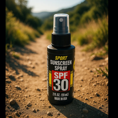 Sunscreen spray bottle with SPF 30 on a hiking trail with greenery in the background
